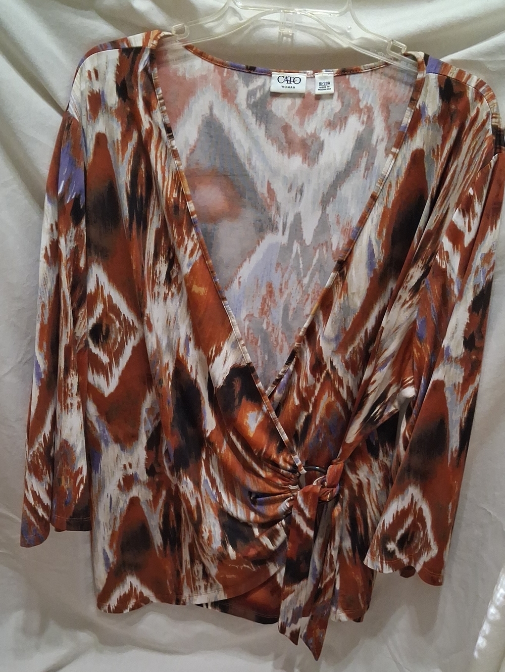Cato Brown Rust Print Surplice Tie-Front Top
